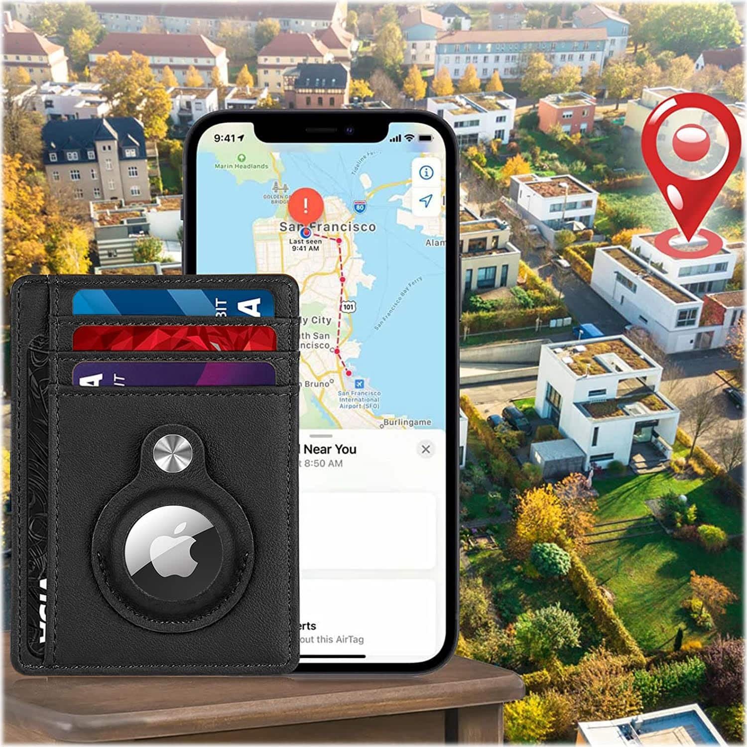 SaharaCase - Slim Genuine Leather Wallet Case for Apple AirTag - Black - Image 3