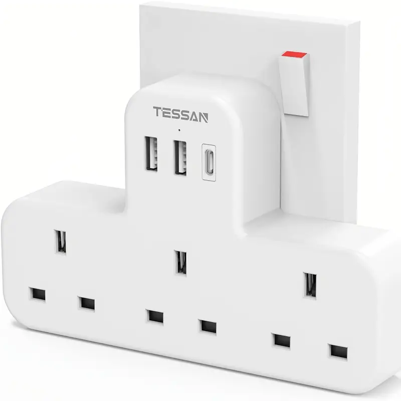 USB C Charger Plug SG, TESSAN 3 Way Plug Extension Socket with 3 USB