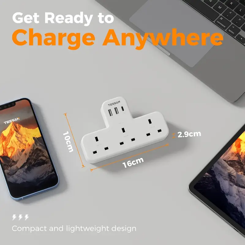 USB C Charger Plug SG, TESSAN 3 Way Plug Extension Socket with 3 USB - Image 3