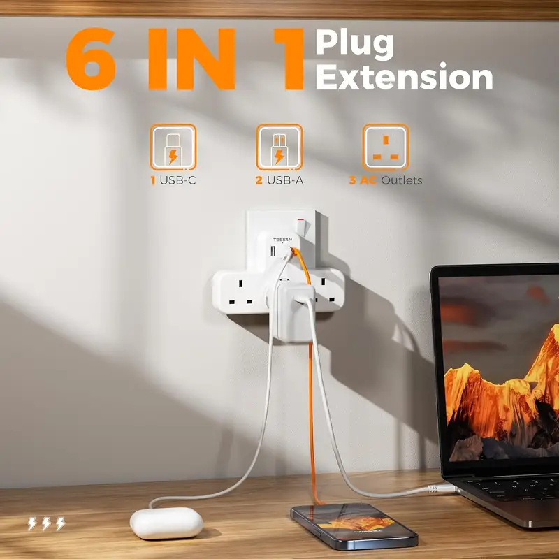 USB C Charger Plug SG, TESSAN 3 Way Plug Extension Socket with 3 USB - Image 2